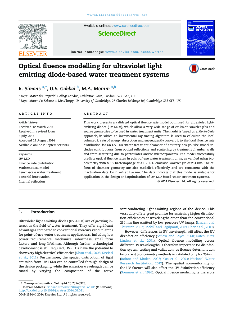 Optical fluence modelling for ultraviolet light emitting diode-based water treatment systems