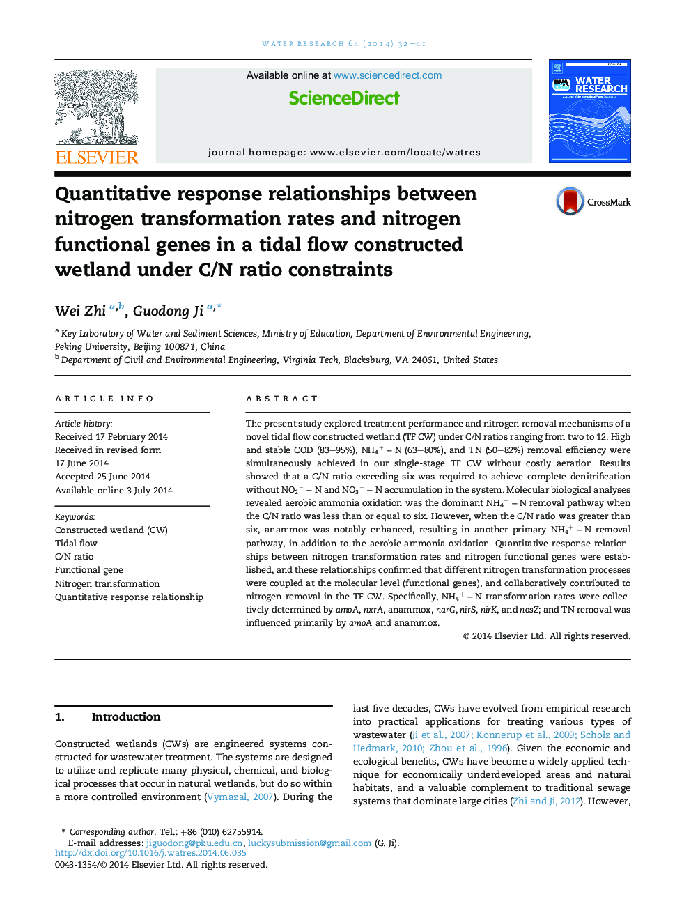 Quantitative response relationships between nitrogen transformation rates and nitrogen functional genes in a tidal flow constructed wetland under C/N ratio constraints