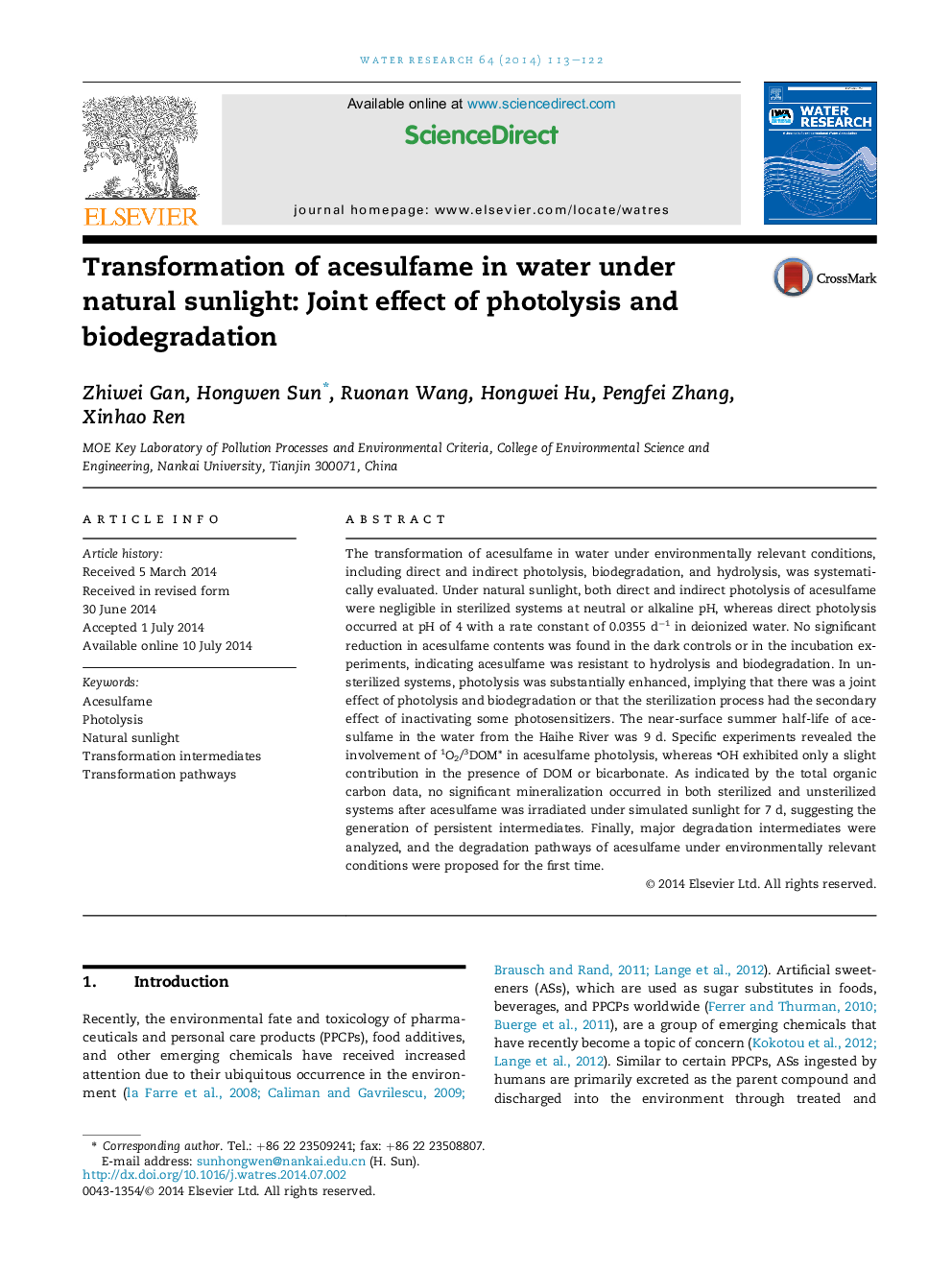 Transformation of acesulfame in water under natural sunlight: Joint effect of photolysis and biodegradation