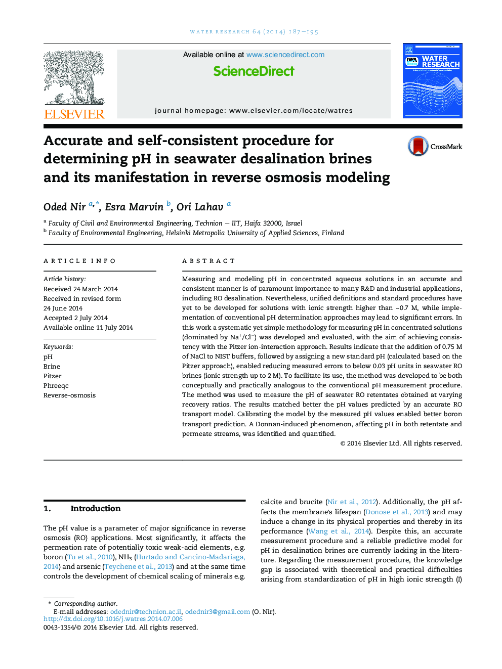 Accurate and self-consistent procedure for determining pH in seawater desalination brines and its manifestation in reverse osmosis modeling