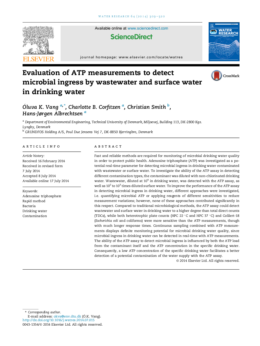 Evaluation of ATP measurements to detect microbial ingress by wastewater and surface water in drinking water