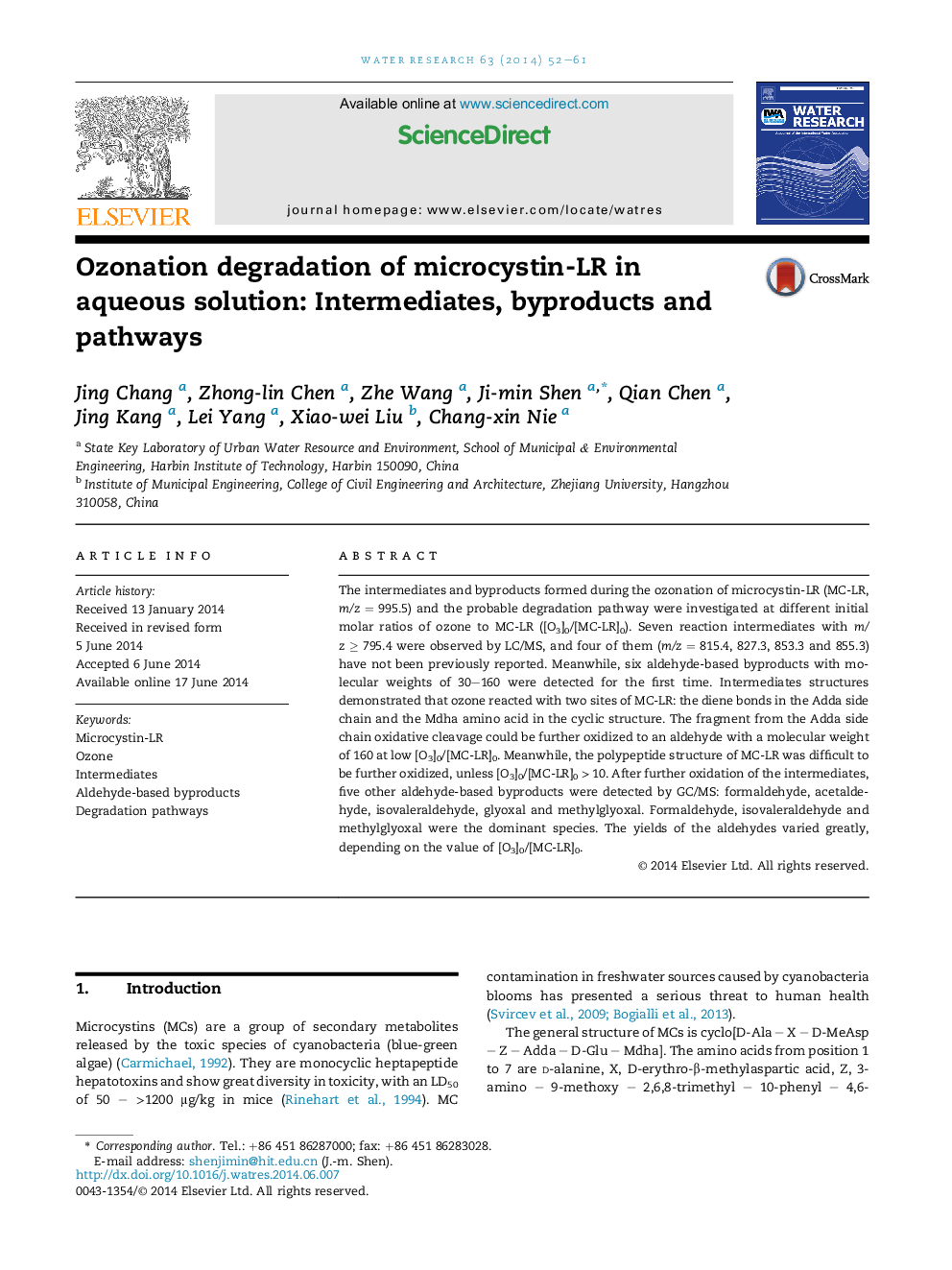 Ozonation degradation of microcystin-LR in aqueous solution: Intermediates, byproducts and pathways