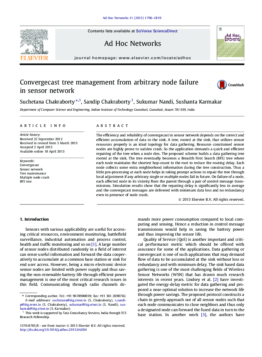 Convergecast tree management from arbitrary node failure in sensor network