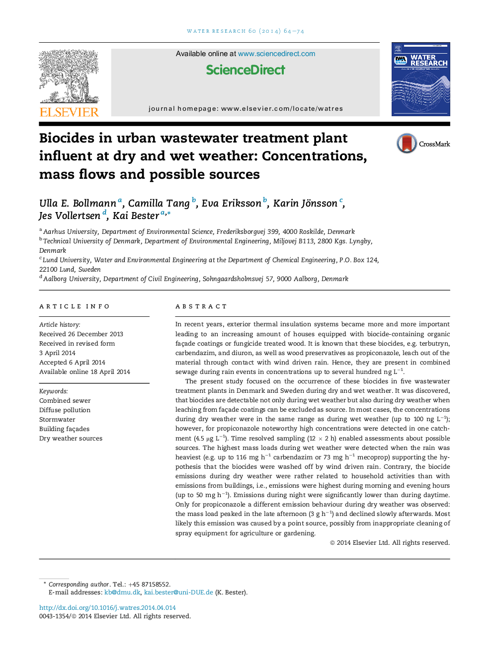 Biocides in urban wastewater treatment plant influent at dry and wet weather: Concentrations, mass flows and possible sources