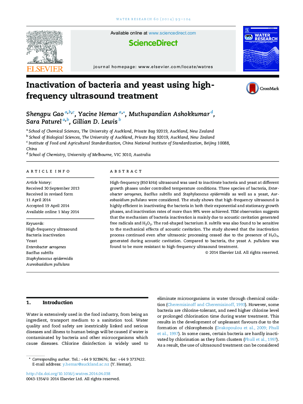 Inactivation of bacteria and yeast using high-frequency ultrasound treatment