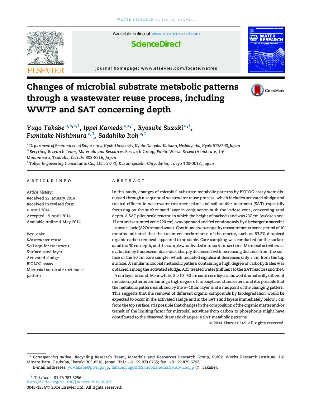 Changes of microbial substrate metabolic patterns through a wastewater reuse process, including WWTP and SAT concerning depth