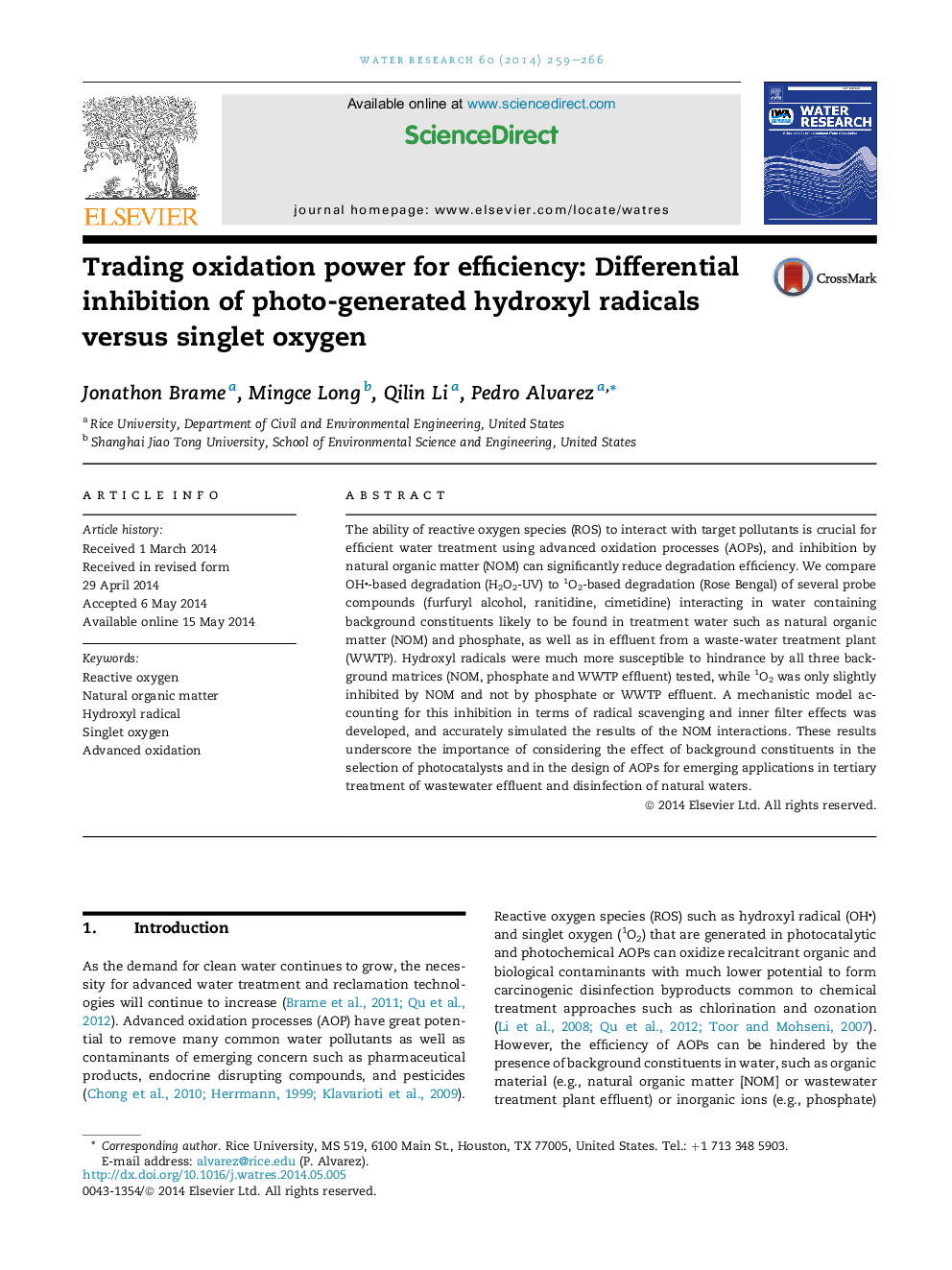 Trading oxidation power for efficiency: Differential inhibition of photo-generated hydroxyl radicals versus singlet oxygen