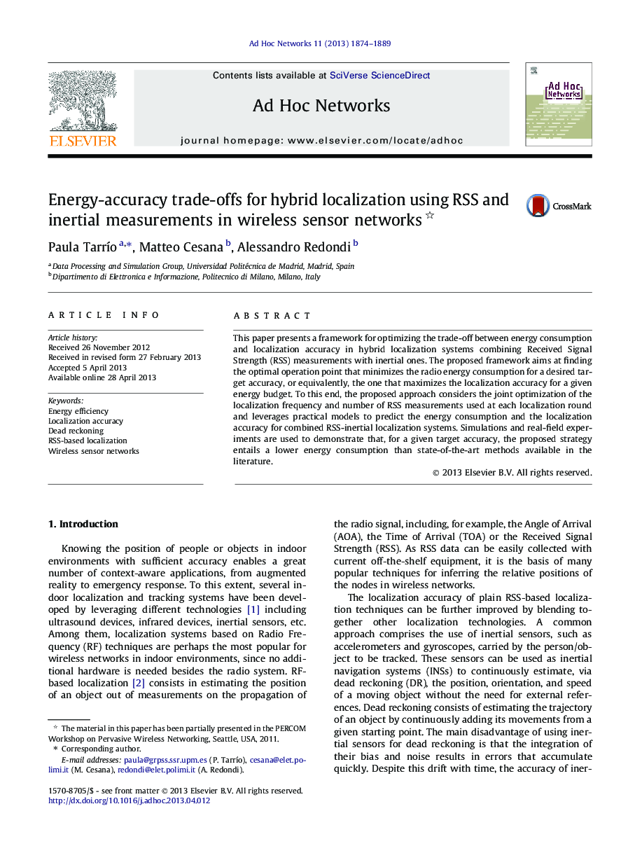 Energy-accuracy trade-offs for hybrid localization using RSS and inertial measurements in wireless sensor networks 