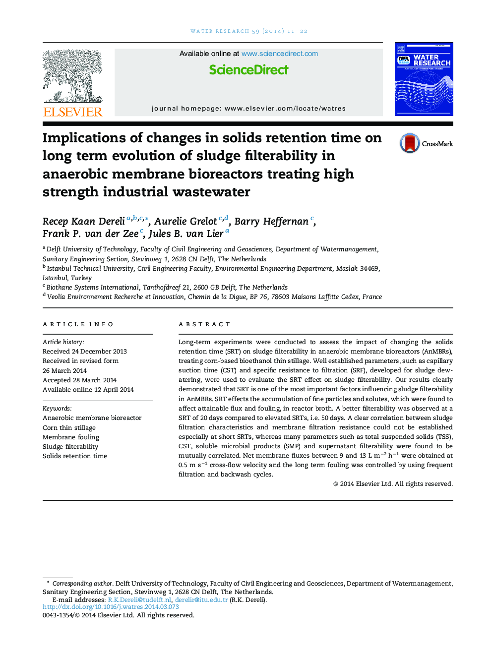 Implications of changes in solids retention time on long term evolution of sludge filterability in anaerobic membrane bioreactors treating high strength industrial wastewater