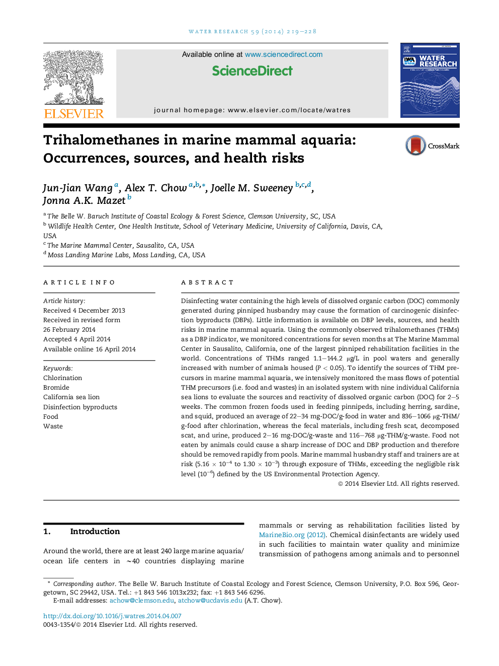 Trihalomethanes in marine mammal aquaria: Occurrences, sources, and health risks