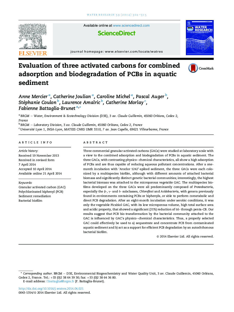 Evaluation of three activated carbons for combined adsorption and biodegradation of PCBs in aquatic sediment