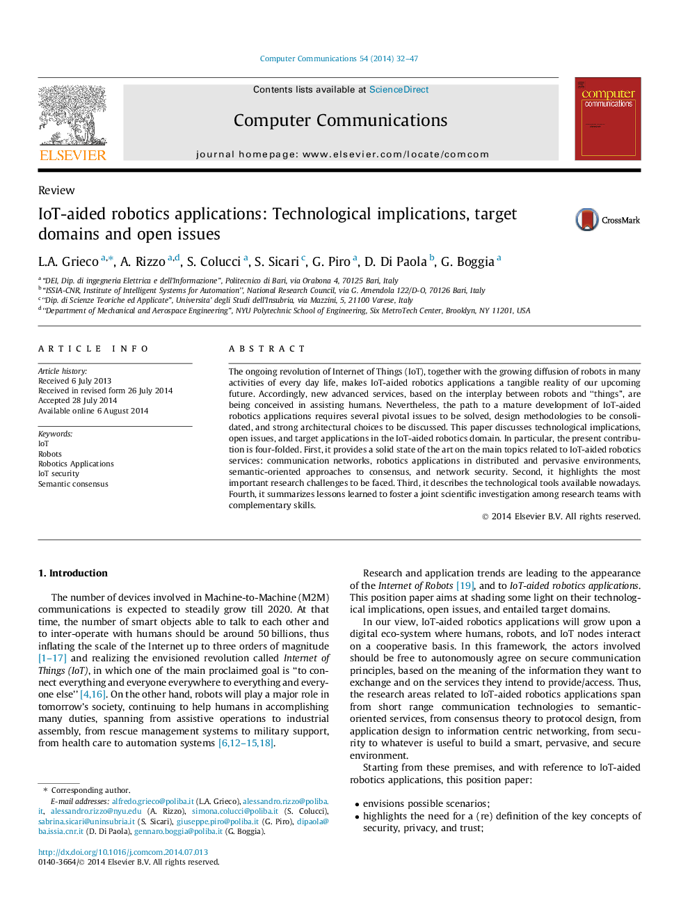 IoT-aided robotics applications: Technological implications, target domains and open issues