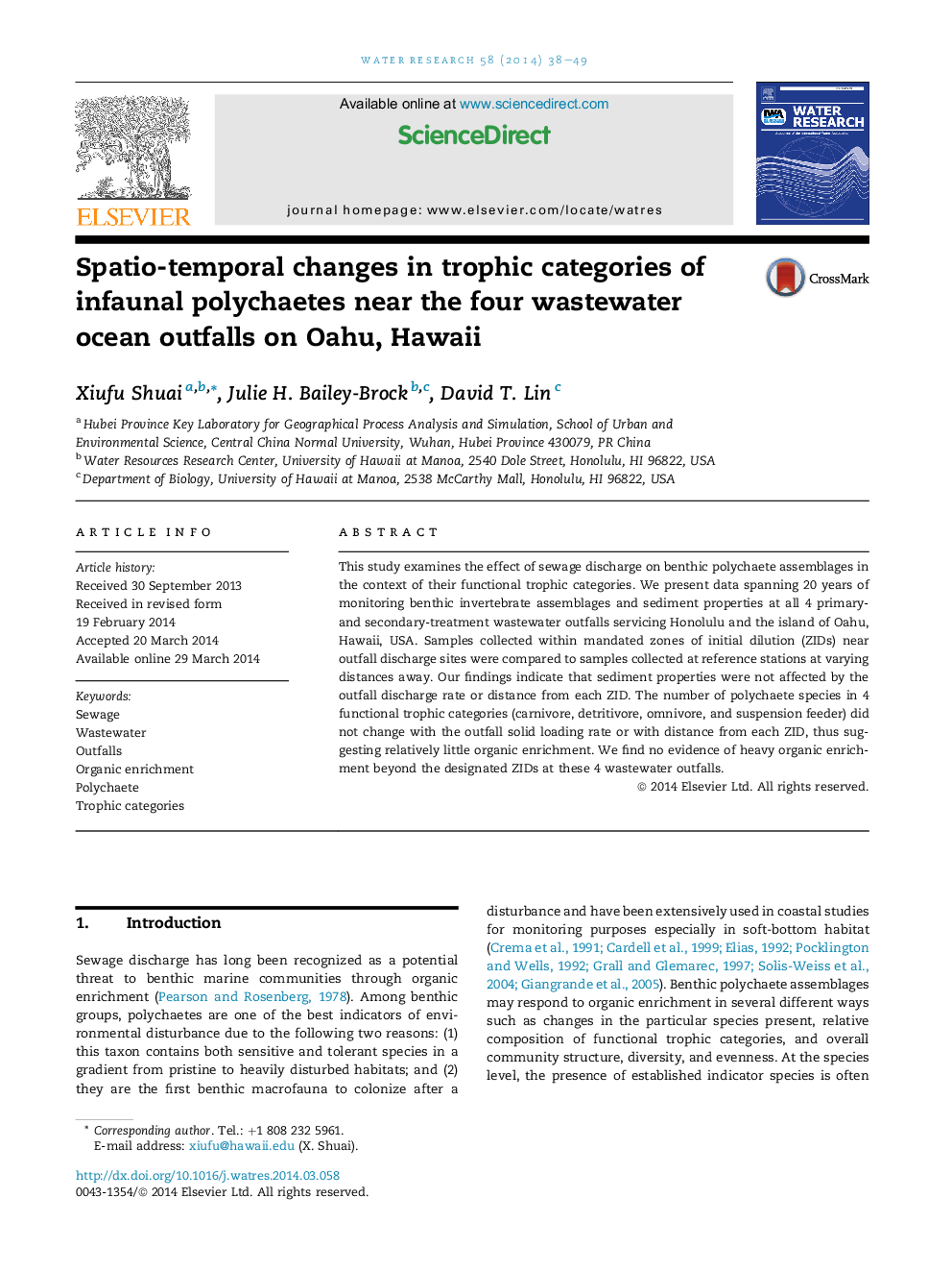 Spatio-temporal changes in trophic categories of infaunal polychaetes near the four wastewater ocean outfalls on Oahu, Hawaii