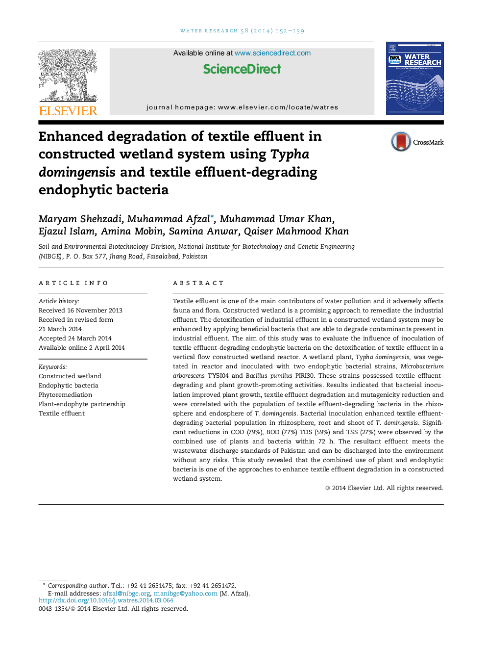 Enhanced degradation of textile effluent in constructed wetland system using Typha domingensis and textile effluent-degrading endophytic bacteria