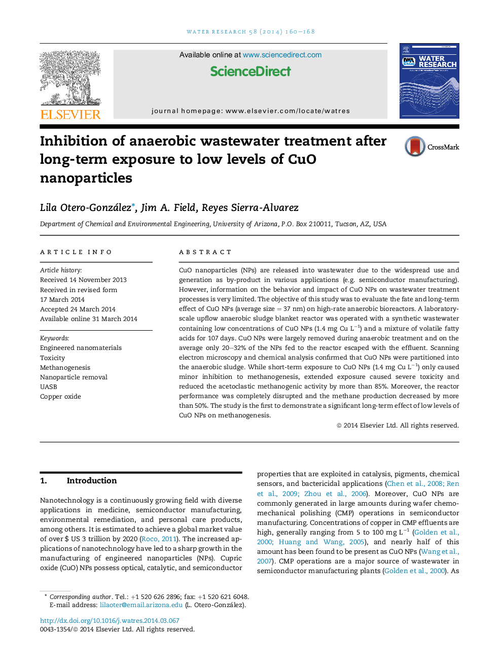 Inhibition of anaerobic wastewater treatment after long-term exposure to low levels of CuO nanoparticles