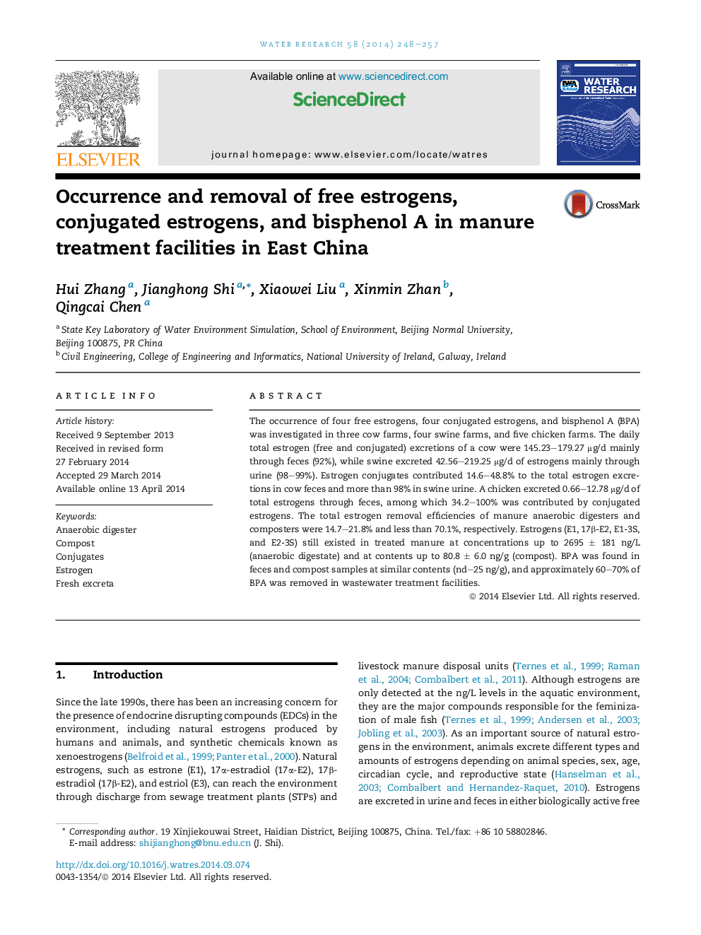 Occurrence and removal of free estrogens, conjugated estrogens, and bisphenol A in manure treatment facilities in East China