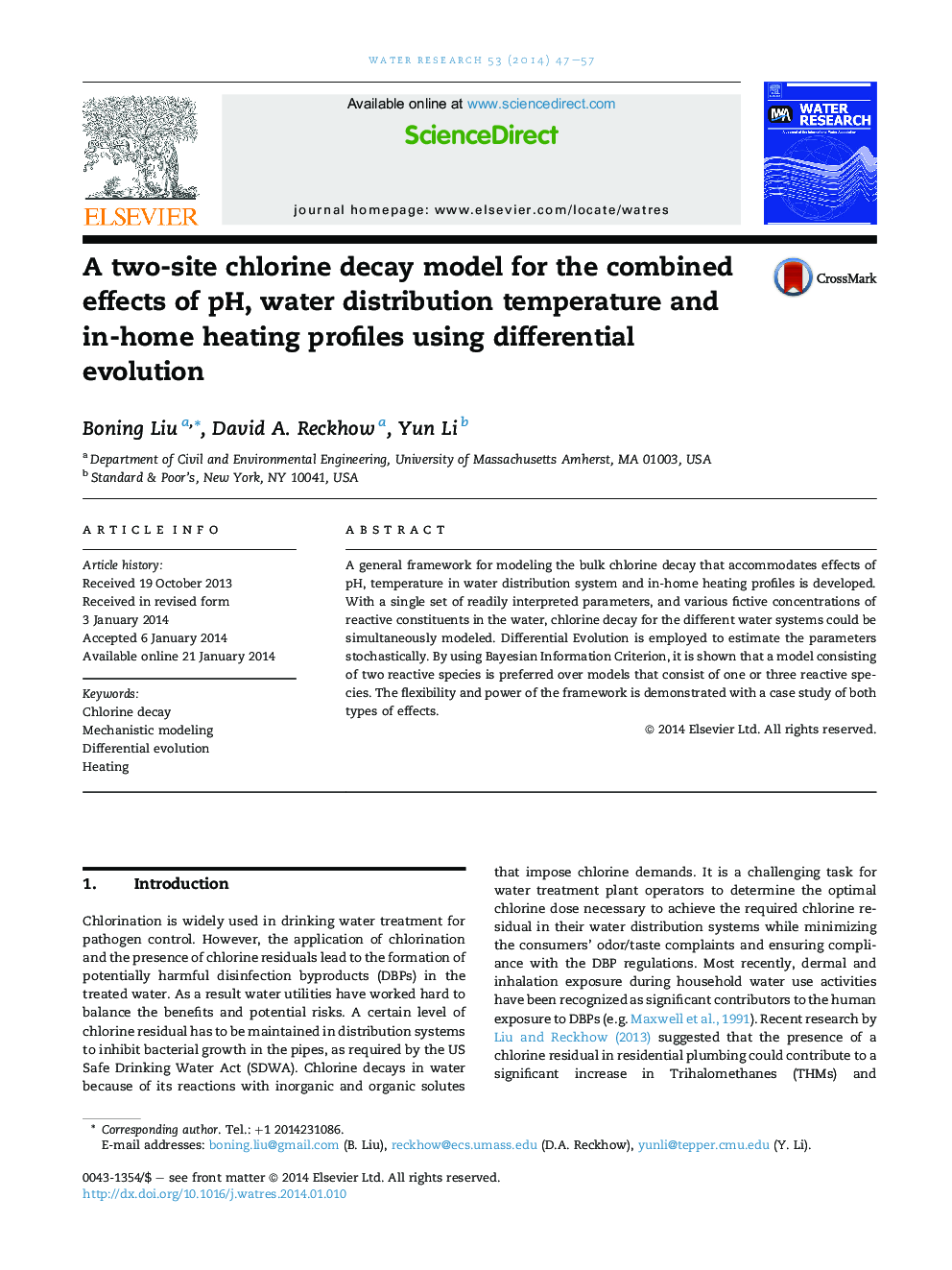 A two-site chlorine decay model for the combined effects of pH, water distribution temperature and in-home heating profiles using differential evolution