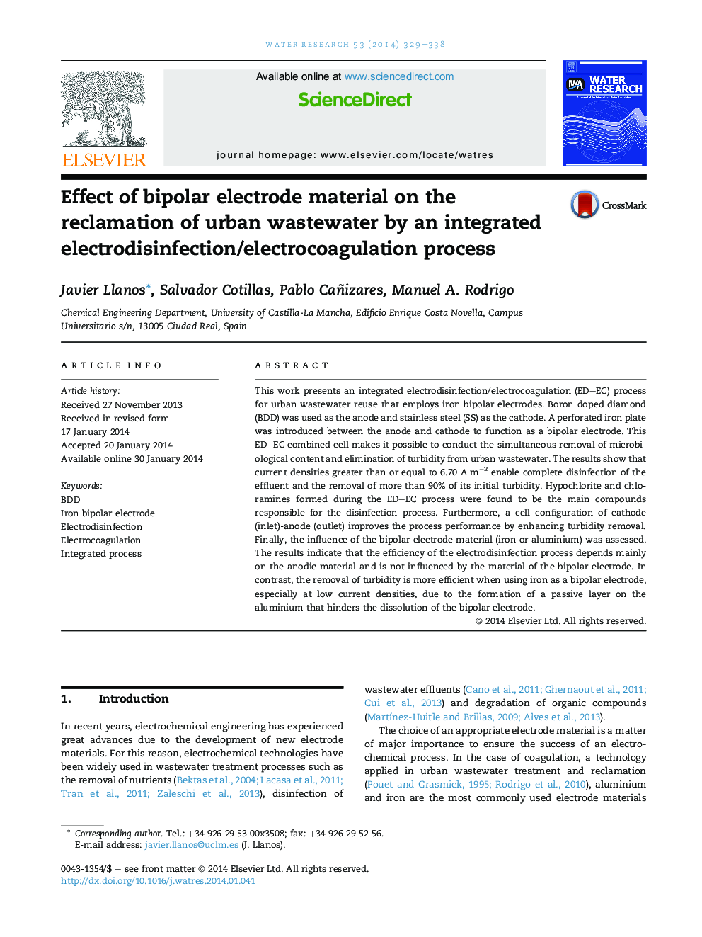 Effect of bipolar electrode material on the reclamation of urban wastewater by an integrated electrodisinfection/electrocoagulation process