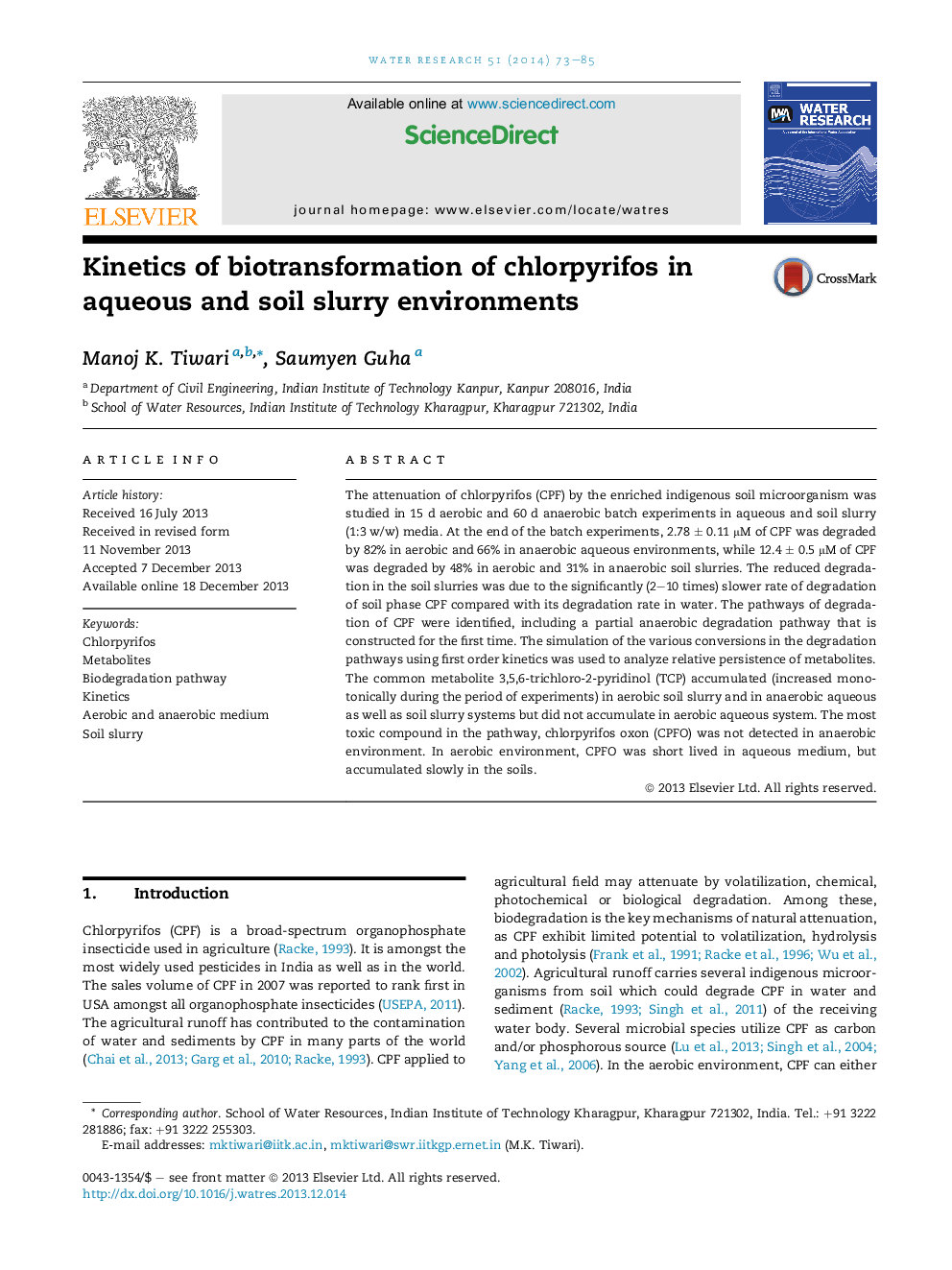 Kinetics of biotransformation of chlorpyrifos in aqueous and soil slurry environments