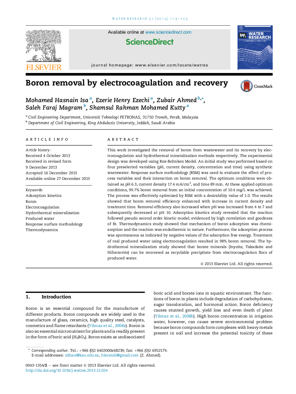 Boron removal by electrocoagulation and recovery