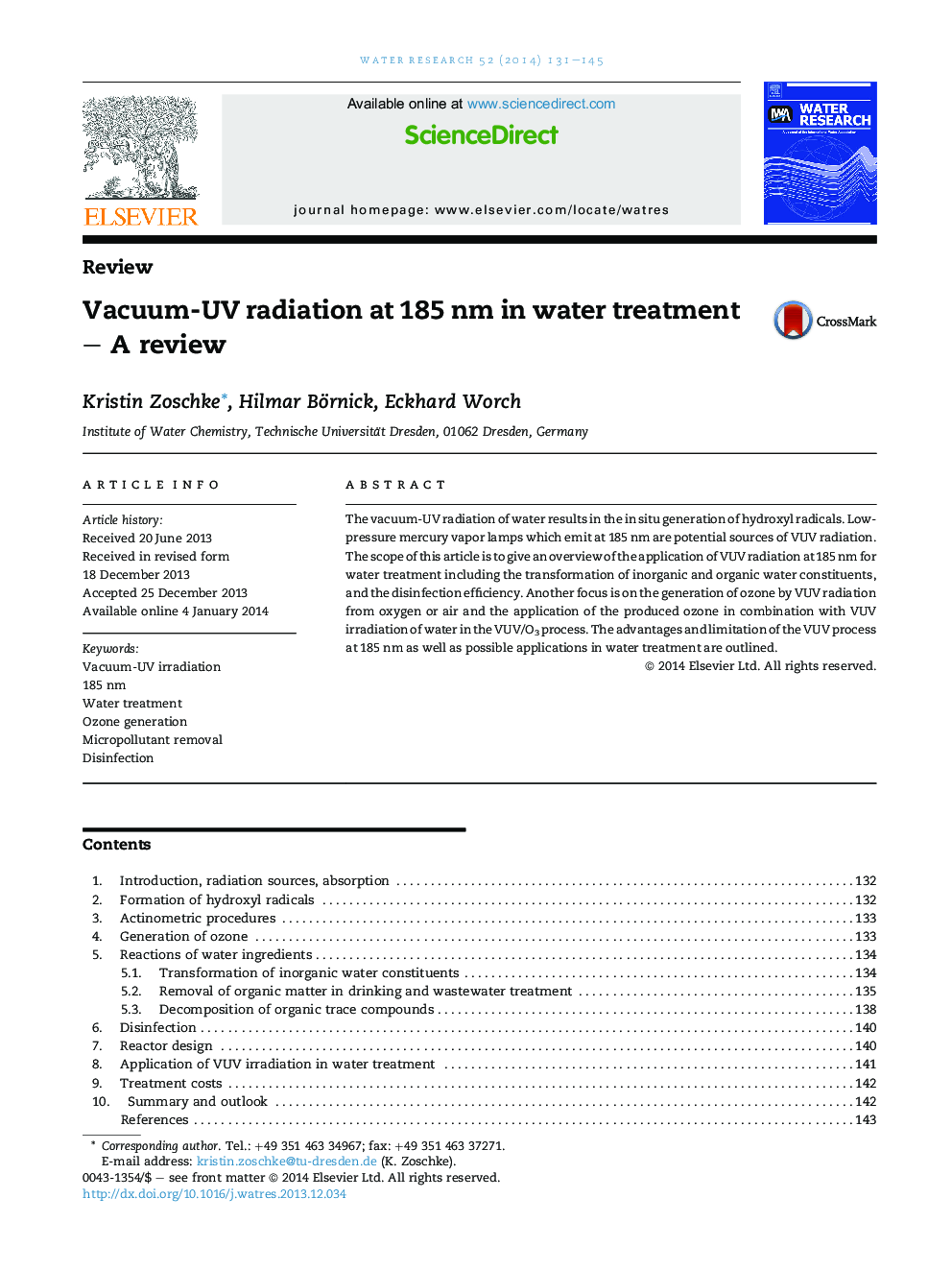 Vacuum-UV radiation at 185 nm in water treatment – A review