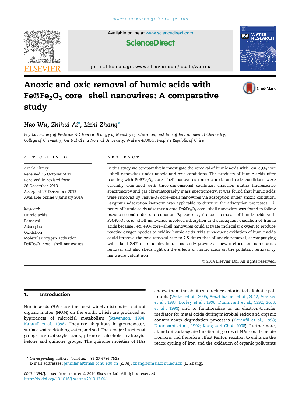 Anoxic and oxic removal of humic acids with Fe@Fe2O3 core–shell nanowires: A comparative study