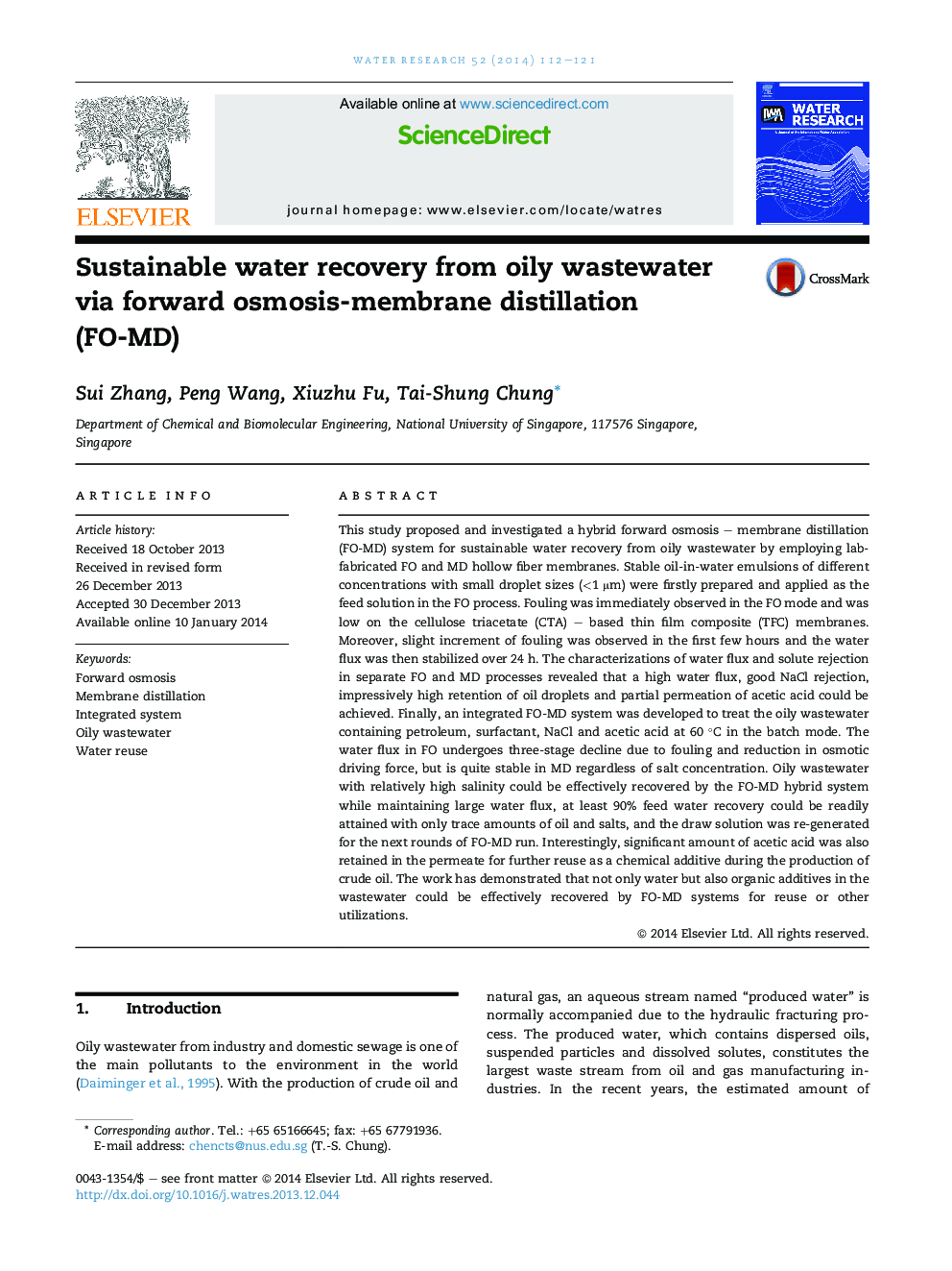 Sustainable water recovery from oily wastewater via forward osmosis-membrane distillation (FO-MD)