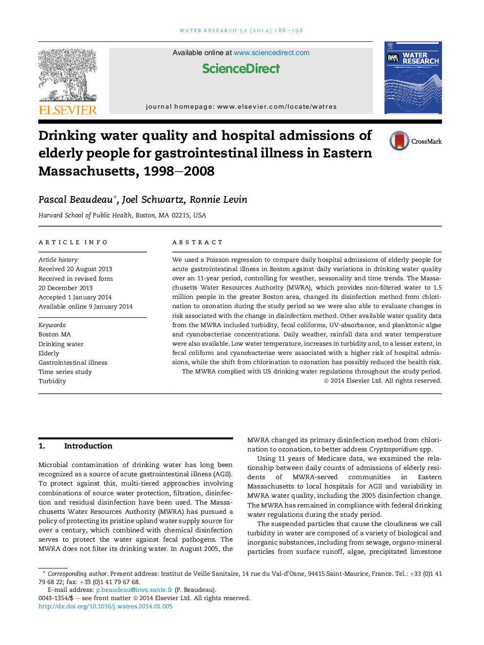 Drinking water quality and hospital admissions of elderly people for gastrointestinal illness in Eastern Massachusetts, 1998–2008