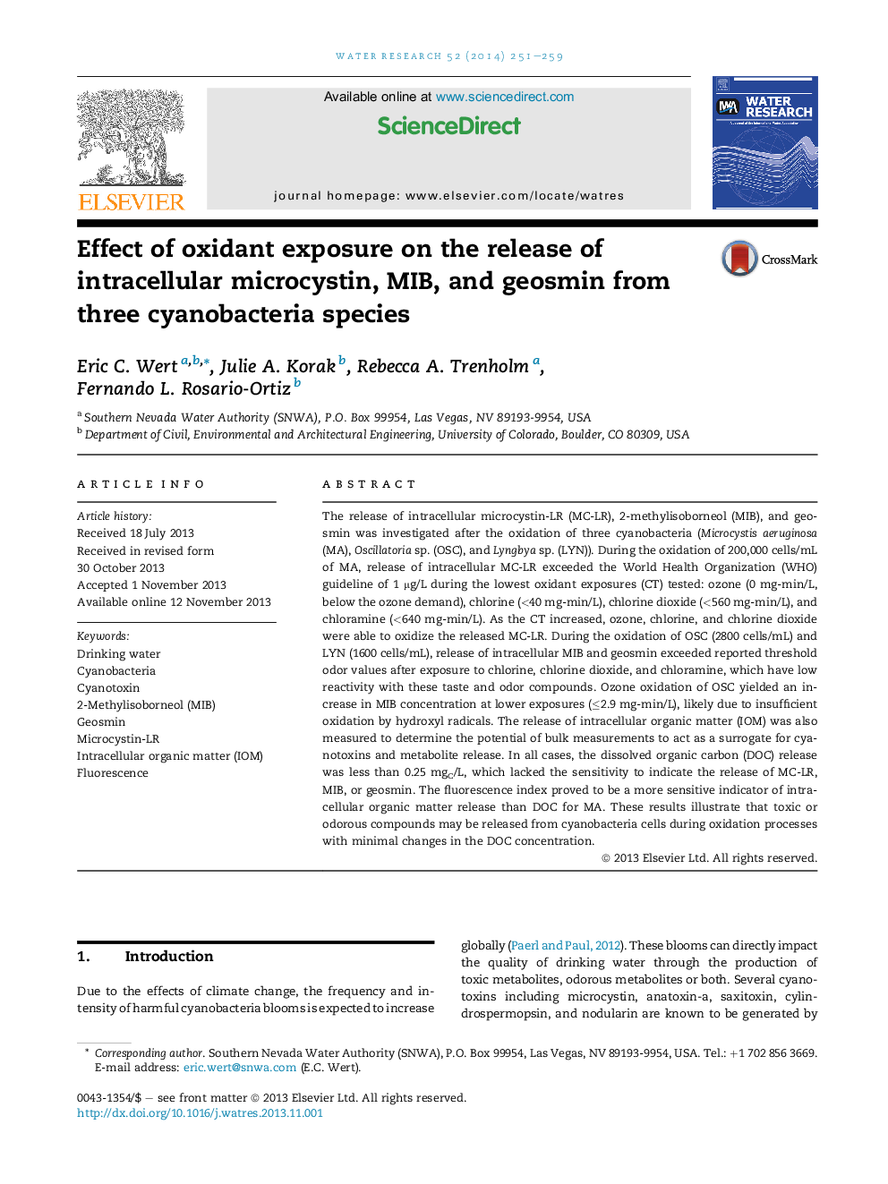 Effect of oxidant exposure on the release of intracellular microcystin, MIB, and geosmin from three cyanobacteria species