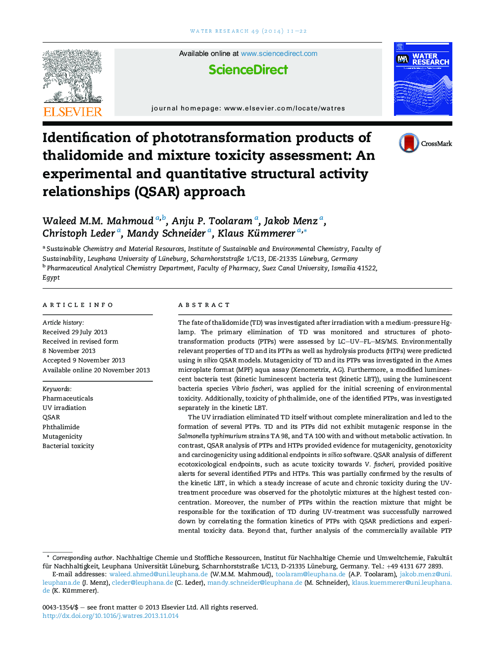 Identification of phototransformation products of thalidomide and mixture toxicity assessment: An experimental and quantitative structural activity relationships (QSAR) approach