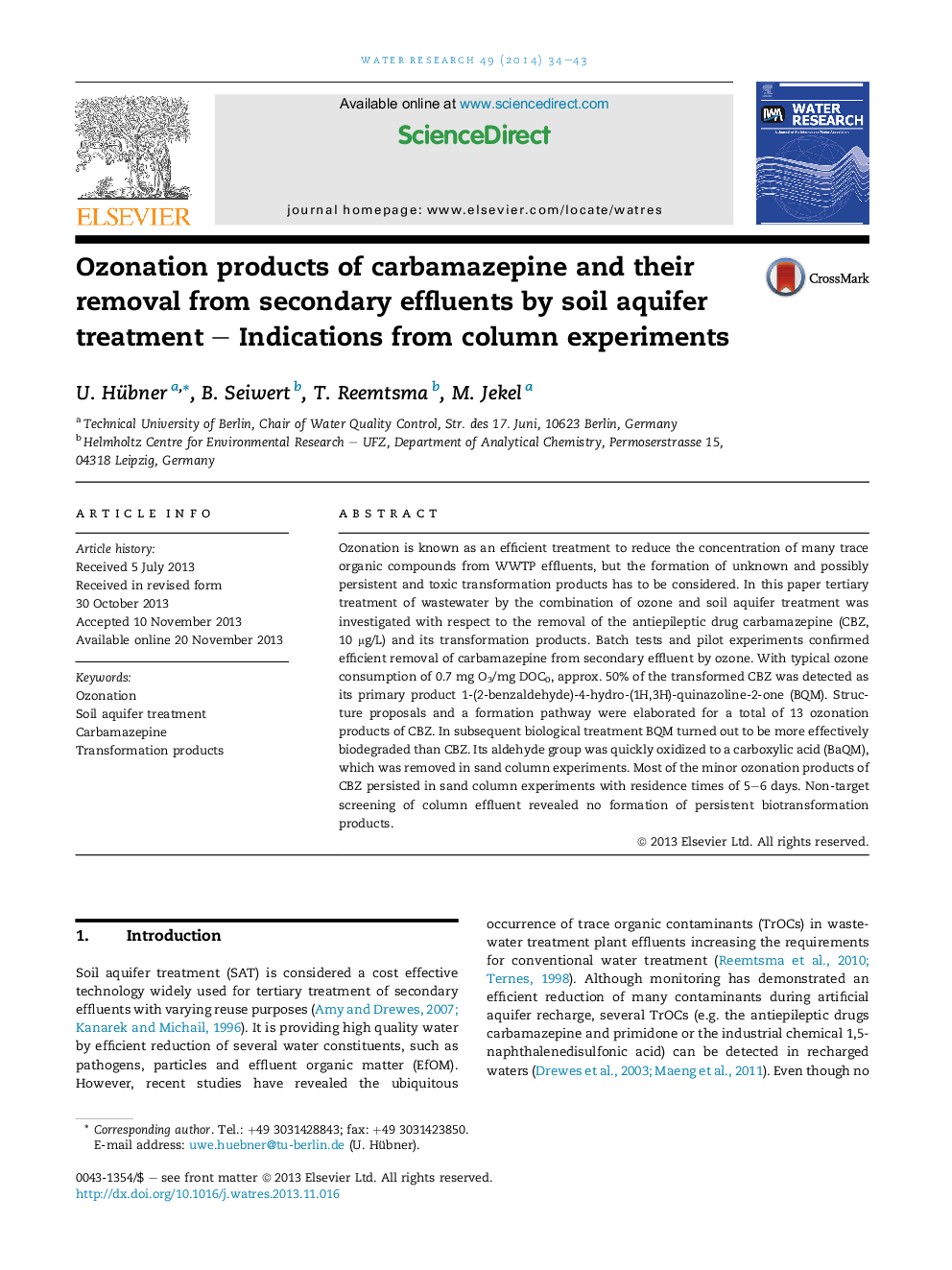 Ozonation products of carbamazepine and their removal from secondary effluents by soil aquifer treatment – Indications from column experiments