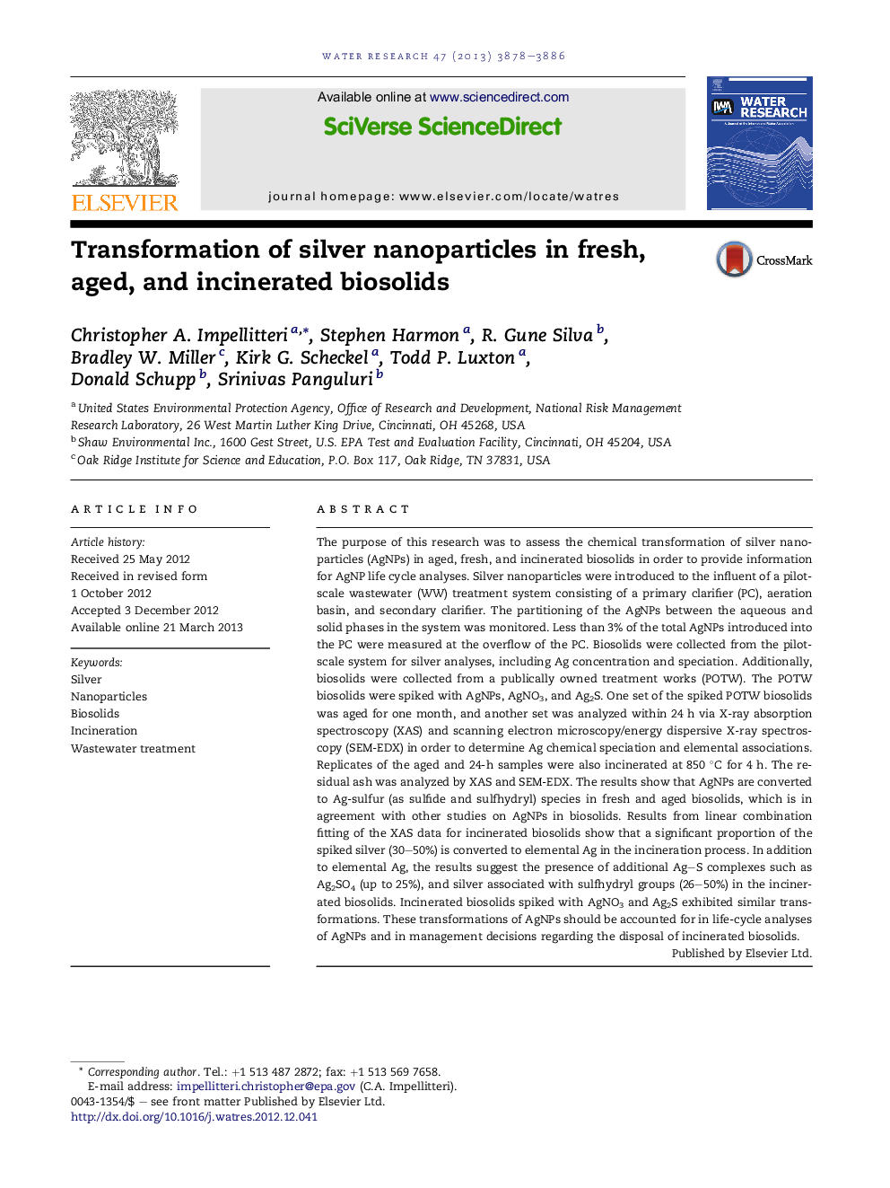 Transformation of silver nanoparticles in fresh, aged, and incinerated biosolids