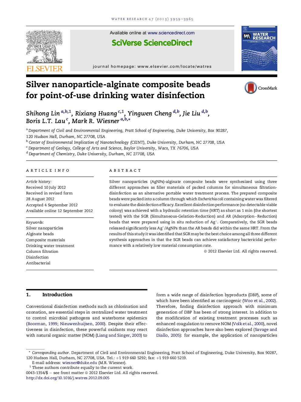 Silver nanoparticle-alginate composite beads for point-of-use drinking water disinfection