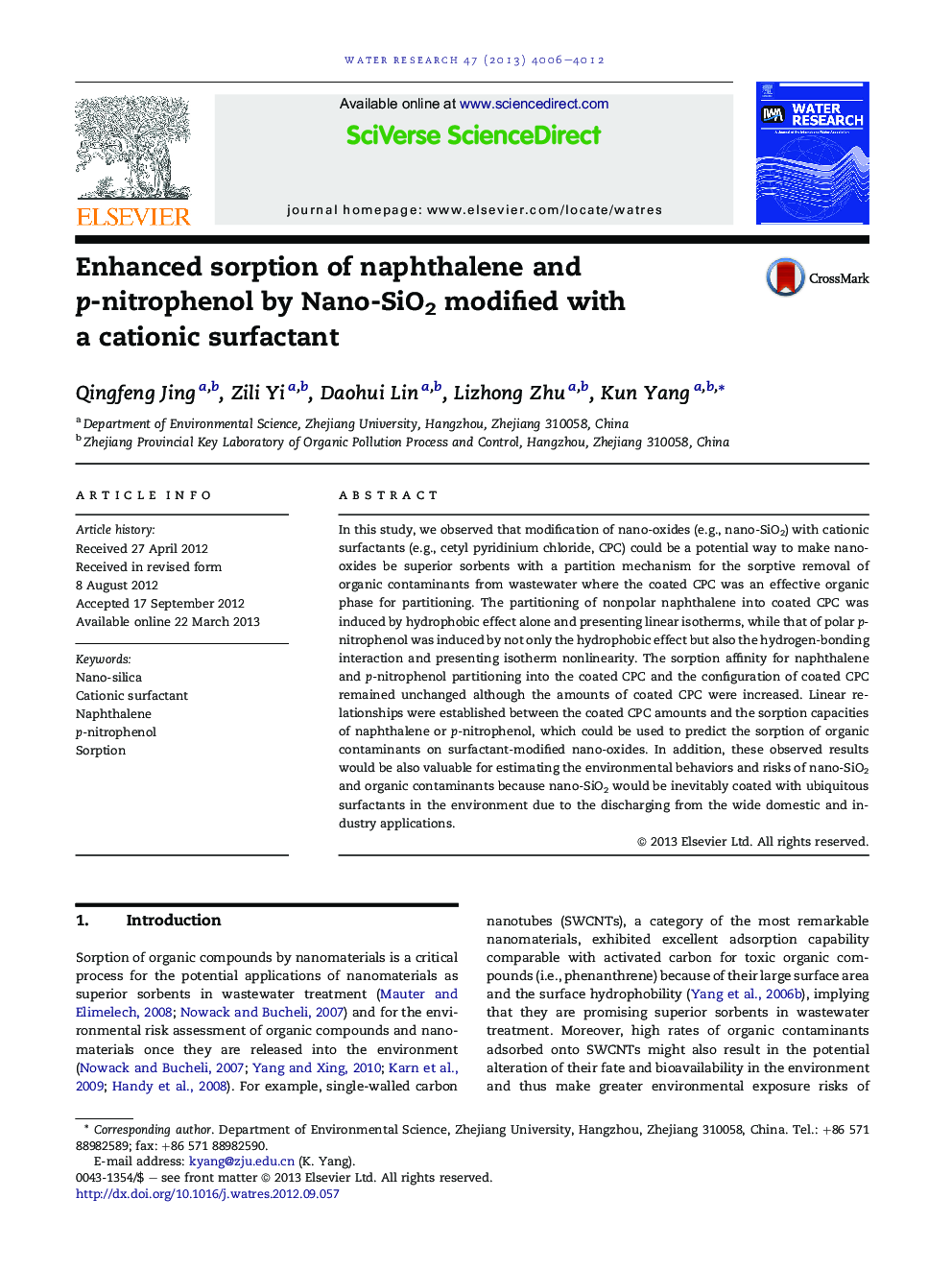 Enhanced sorption of naphthalene and p-nitrophenol by Nano-SiO2 modified with a cationic surfactant