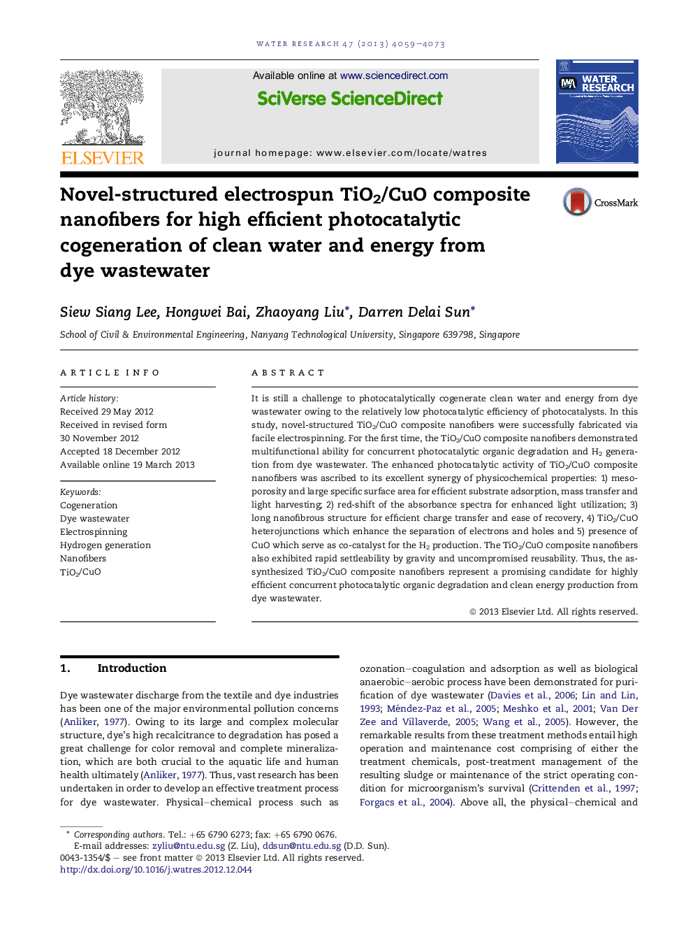 Novel-structured electrospun TiO2/CuO composite nanofibers for high efficient photocatalytic cogeneration of clean water and energy from dye wastewater