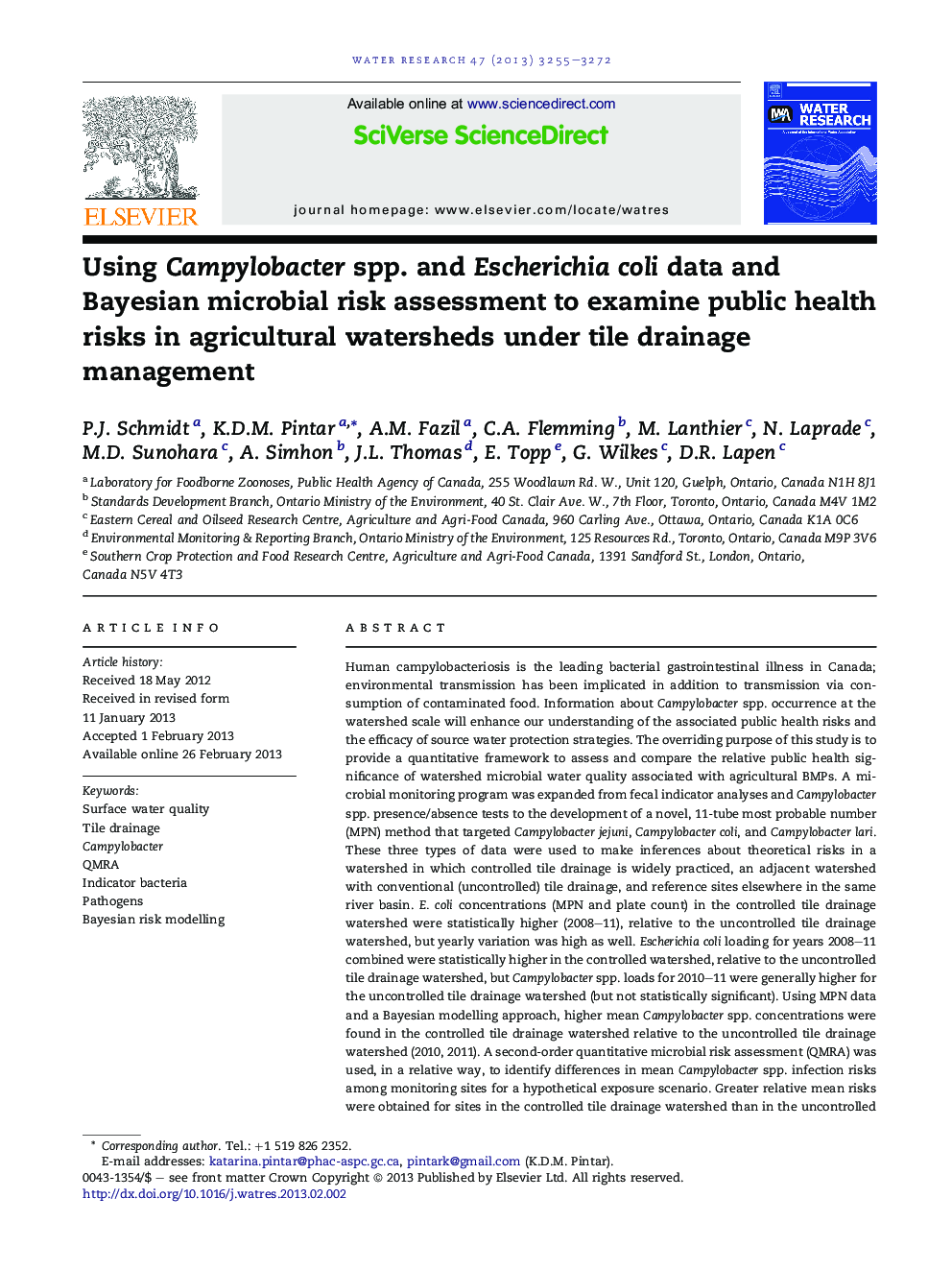 Using Campylobacter spp. and Escherichia coli data and Bayesian microbial risk assessment to examine public health risks in agricultural watersheds under tile drainage management