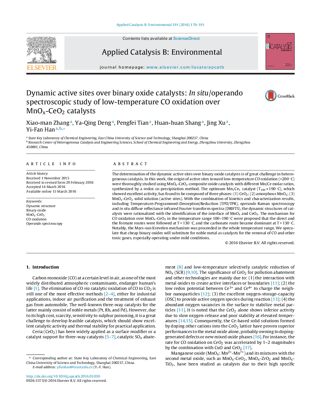 Dynamic active sites over binary oxide catalysts: In situ/operando spectroscopic study of low-temperature CO oxidation over MnOx-CeO2 catalysts