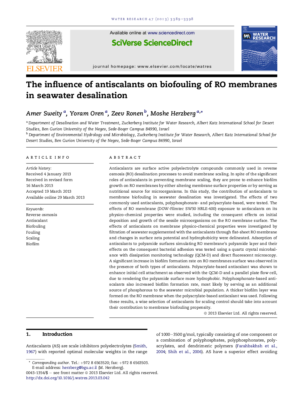 The influence of antiscalants on biofouling of RO membranes in seawater desalination