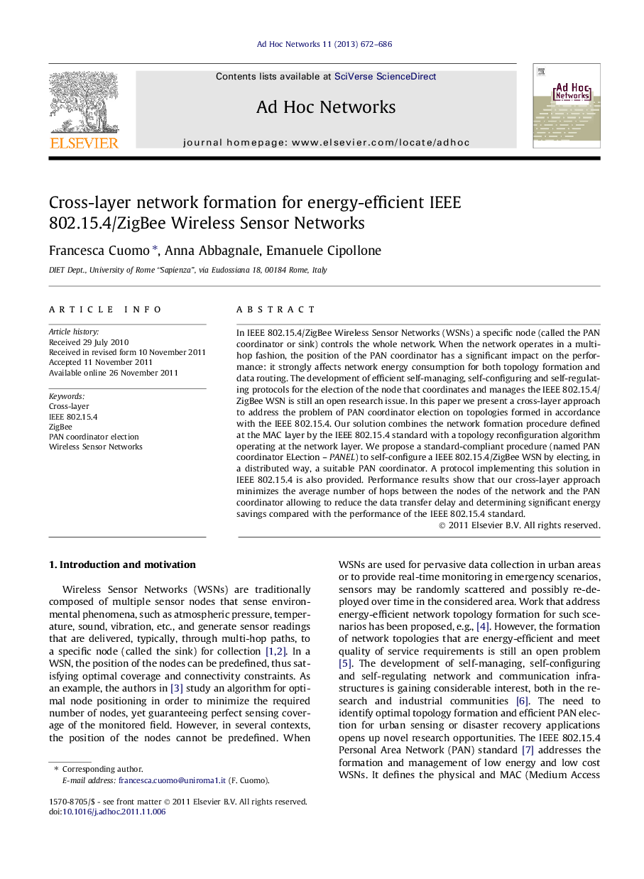 Cross-layer network formation for energy-efficient IEEE 802.15.4/ZigBee Wireless Sensor Networks