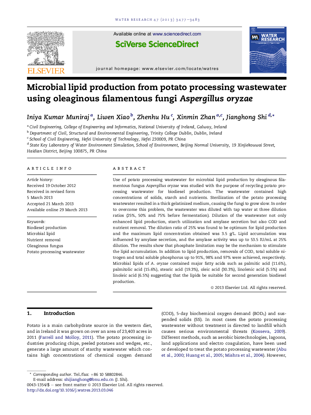 Microbial lipid production from potato processing wastewater using oleaginous filamentous fungi Aspergillus oryzae