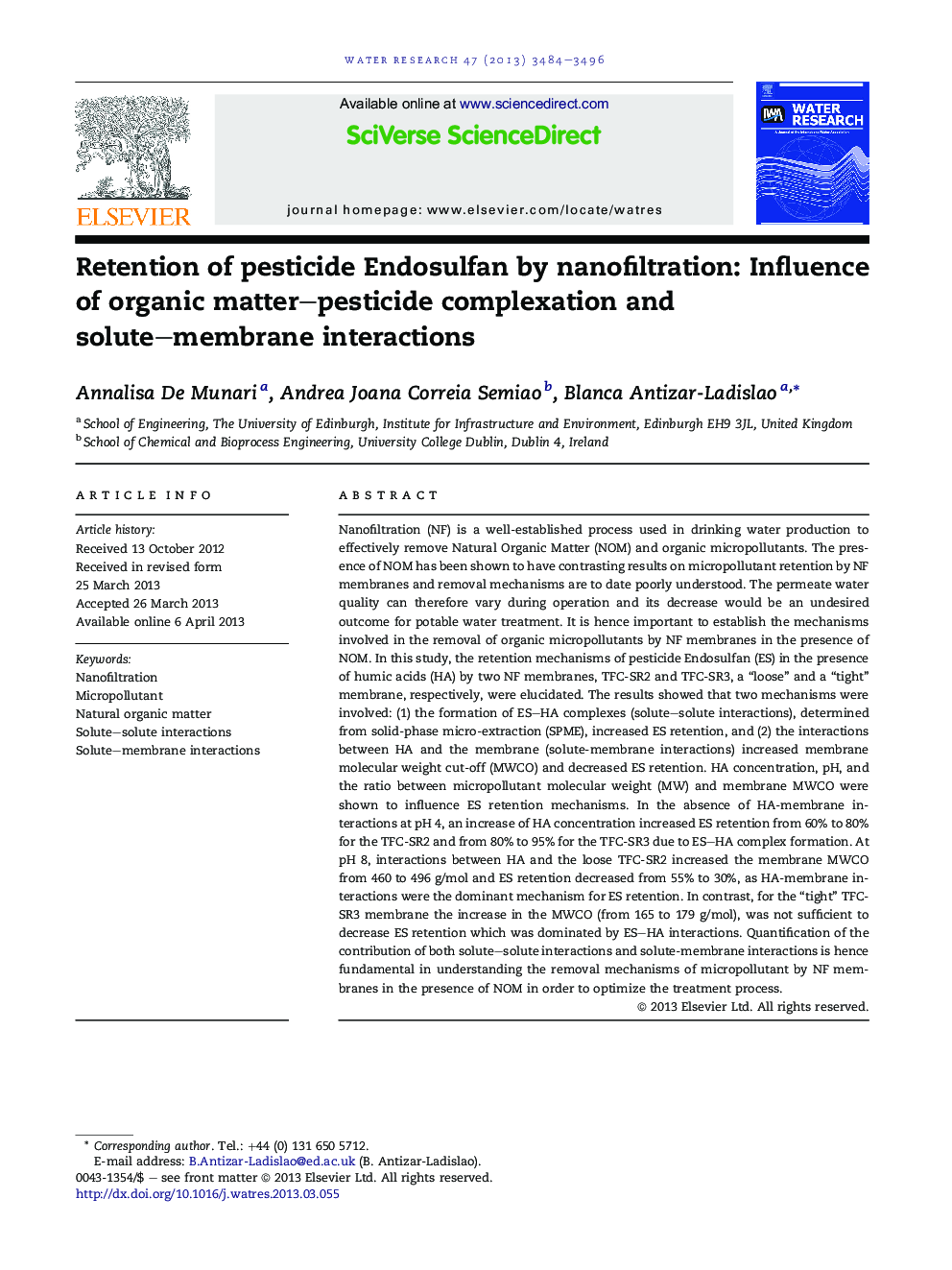 Retention of pesticide Endosulfan by nanofiltration: Influence of organic matter–pesticide complexation and solute–membrane interactions