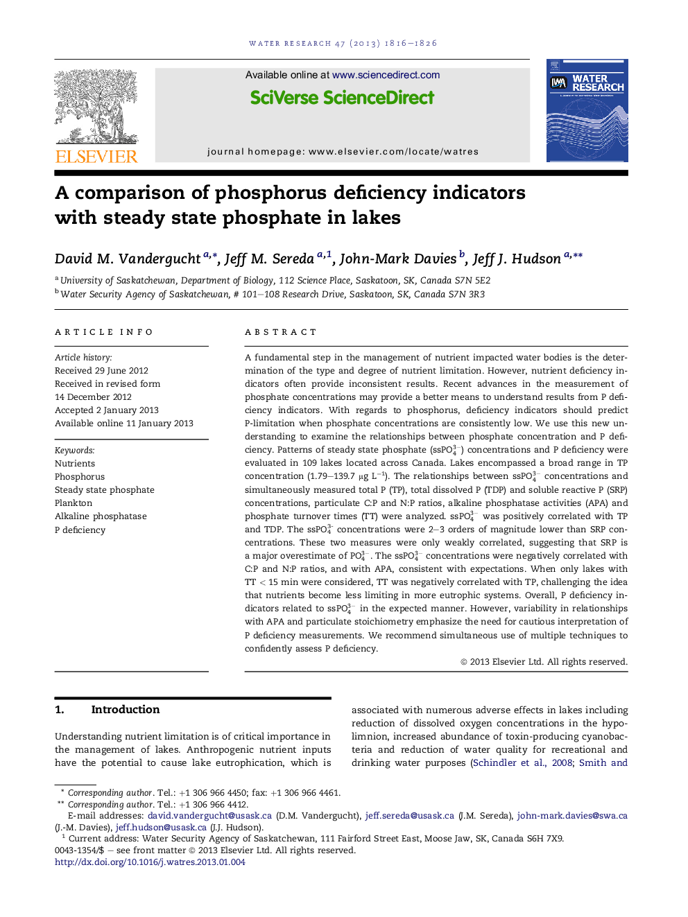 A comparison of phosphorus deficiency indicators with steady state phosphate in lakes