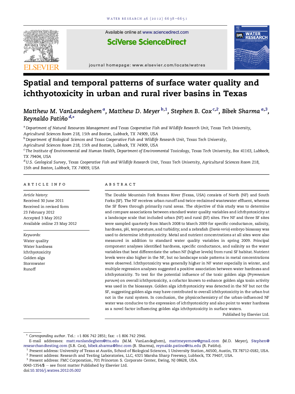 Spatial and temporal patterns of surface water quality and ichthyotoxicity in urban and rural river basins in Texas