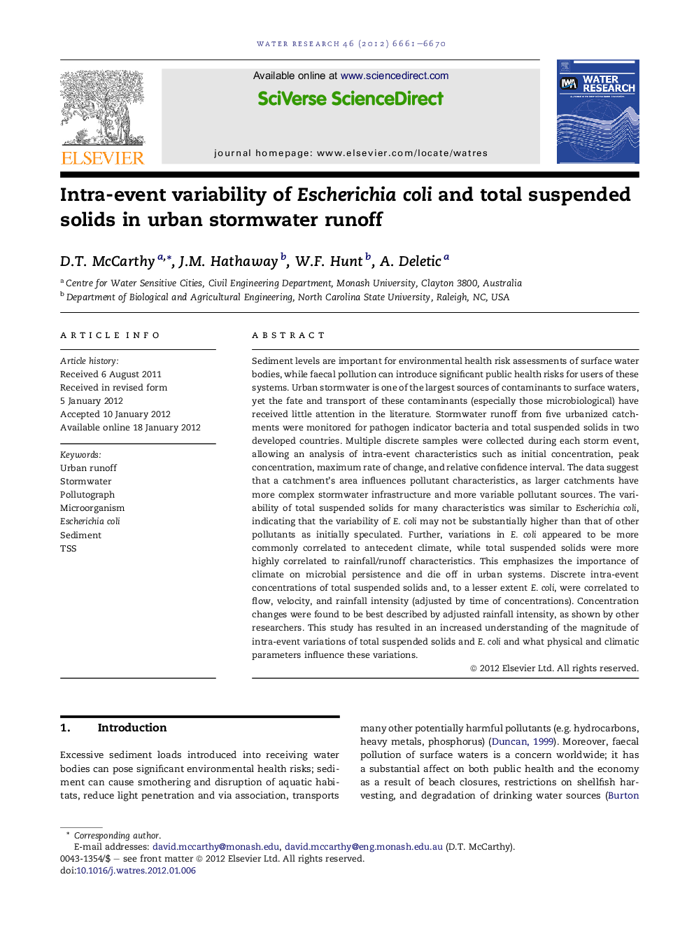 Intra-event variability of Escherichia coli and total suspended solids in urban stormwater runoff