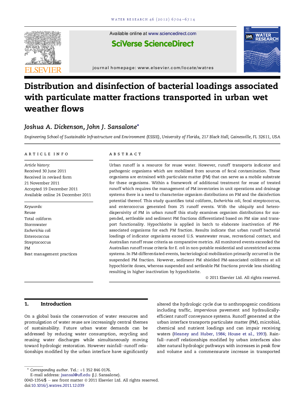 Distribution and disinfection of bacterial loadings associated with particulate matter fractions transported in urban wet weather flows