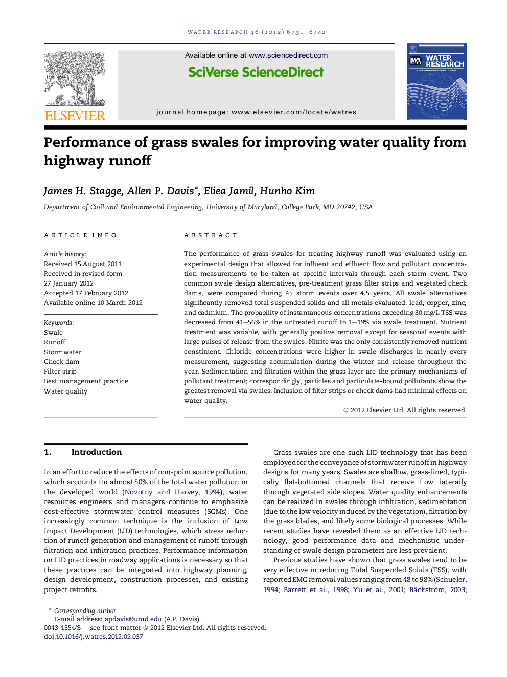 Performance of grass swales for improving water quality from highway runoff