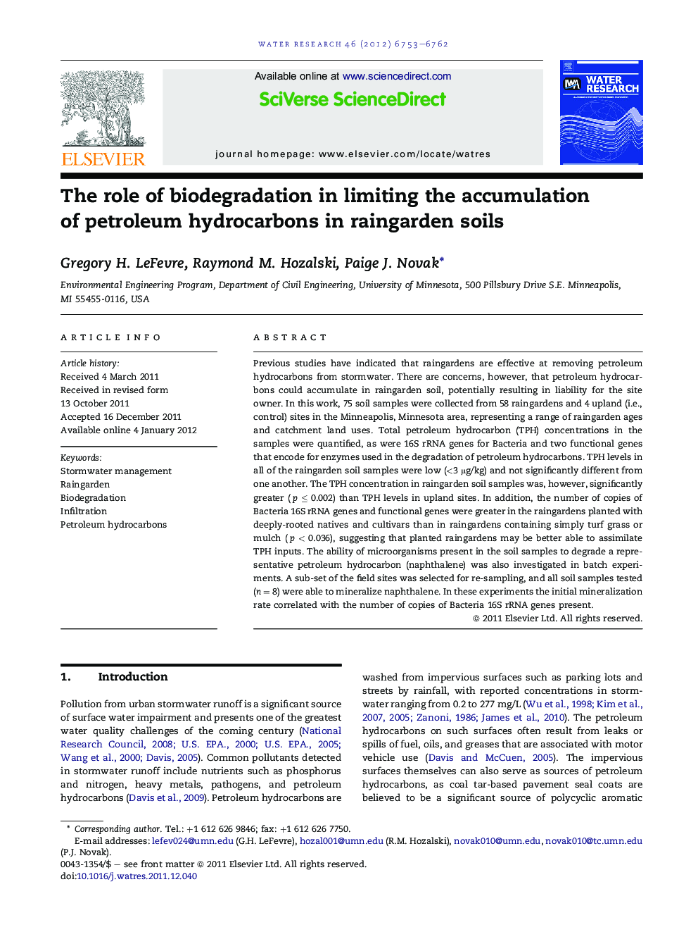 The role of biodegradation in limiting the accumulation of petroleum hydrocarbons in raingarden soils