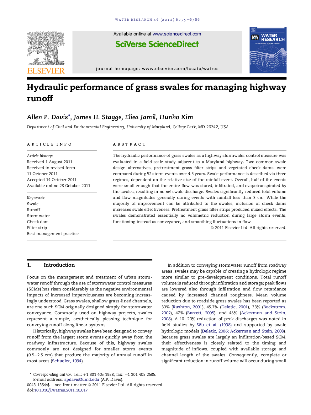 Hydraulic performance of grass swales for managing highway runoff