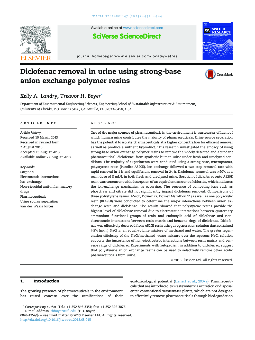 Diclofenac removal in urine using strong-base anion exchange polymer resins