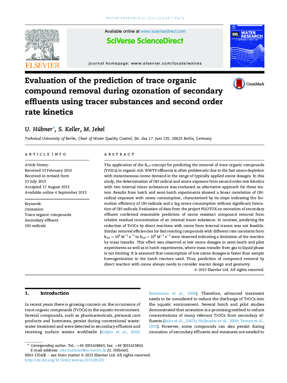 Evaluation of the prediction of trace organic compound removal during ozonation of secondary effluents using tracer substances and second order rate kinetics